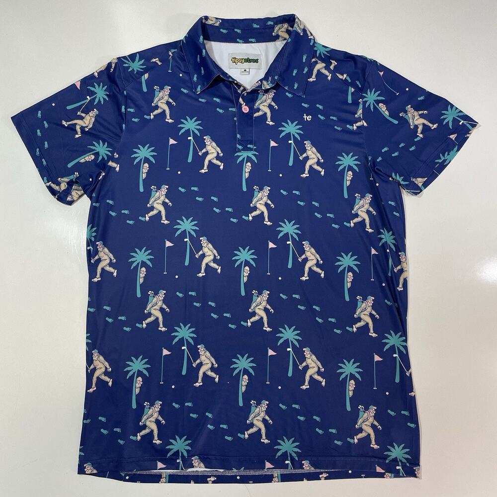 TIPSY ELVES “BIGFOOT BOGEY” GOLF POLO SHIRT Men's Size Large Blue EUC